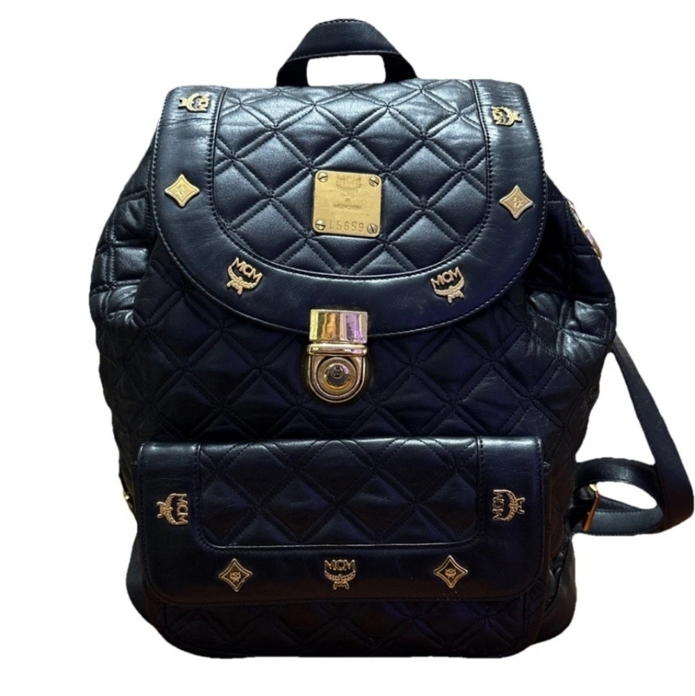MCM Black Quilted Backpack with Gold Accents